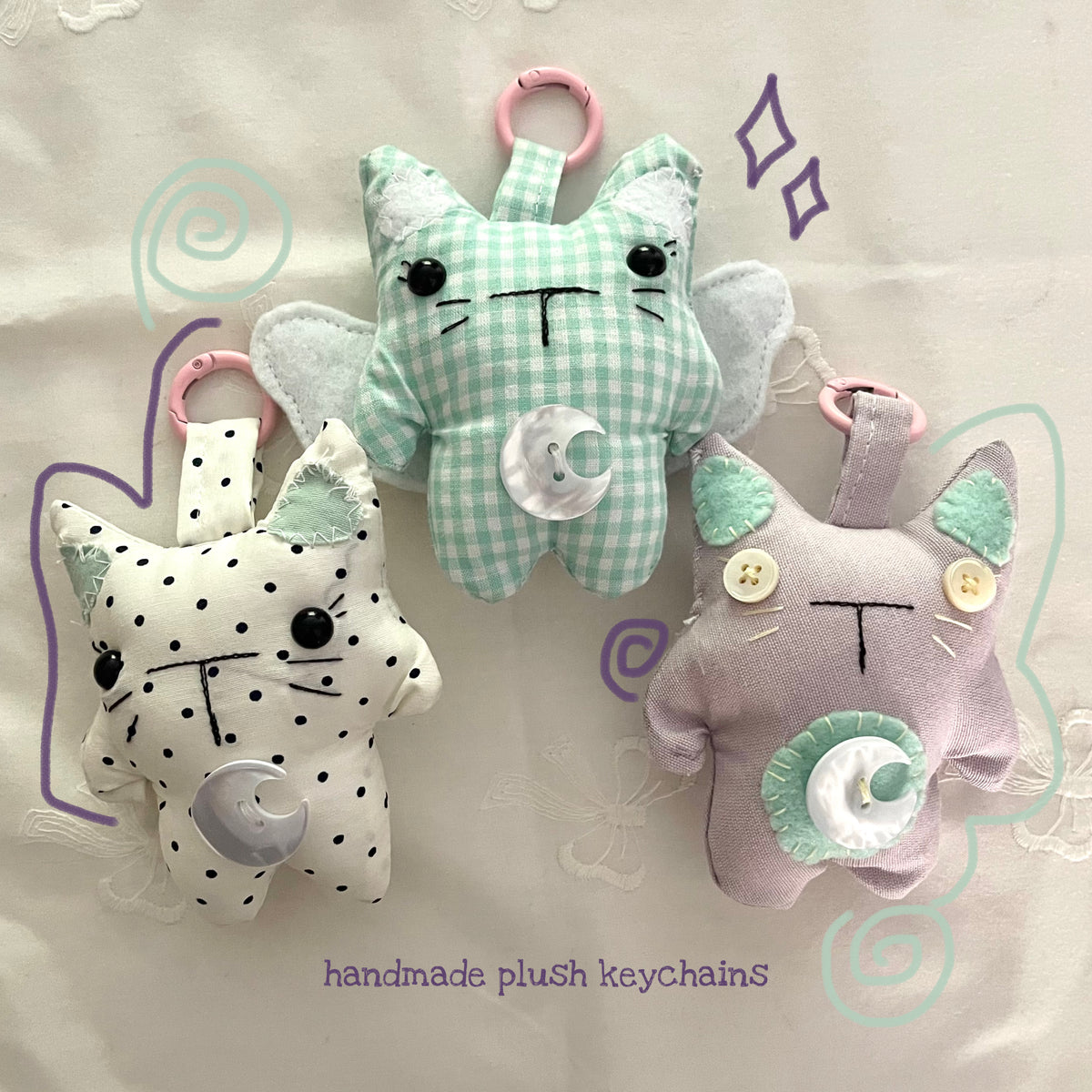 “moonlight kitties” small plush keychains
